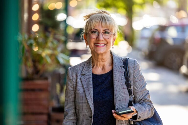 smiling senior woman with mobile phone in the street