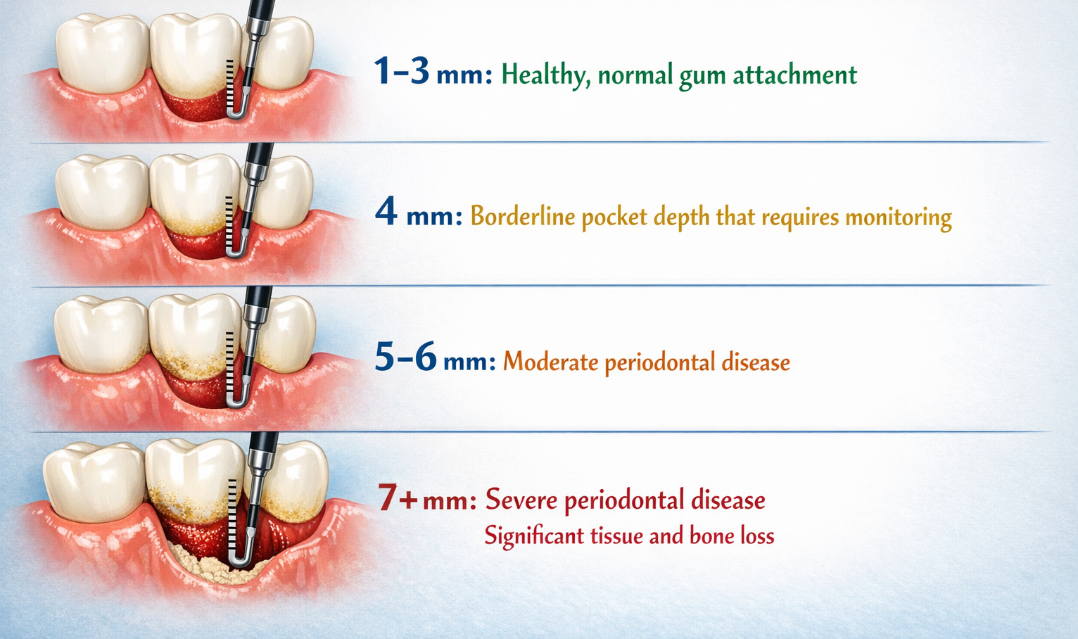 Visual diagram showing peridontal pocket depths